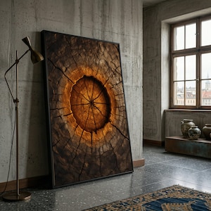 May include: A framed artwork featuring a detailed cross-section of a tree trunk. The artwork showcases concentric rings in shades of brown and orange, with a dark outer frame. The piece leans against a concrete wall in a room with a window.