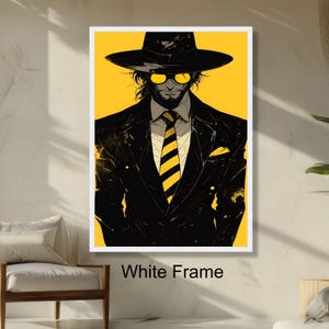 Mysterious Man in Black Hat Noir Style Art, Yellow and Black Wall Decor, Modern Graphic Portrait, Cool Abstract Print