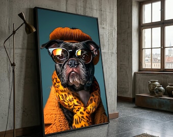 Stylish French Bulldog Portrait Canvas, Trendy Pet Wall Art, Fashion Dog Canvas, Modern Animal Decor, Large Home Wall Decoration