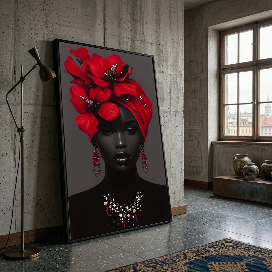 Elegant African Woman Portrait Canvas, Red Floral Headwrap Wall Art ...
