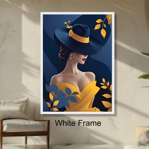 Retrato de mujer elegante, arte mural de moda, tema de colores azul y amarillo, obra de arte de dama moderna, decoración elegante para el hogar.