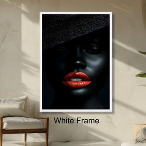 Retrato de una glamurosa belleza negra con labios rojos brillantes, arte mural de moda, decoración moderna y elegante para el hogar, primer plano de un rostro elegante.