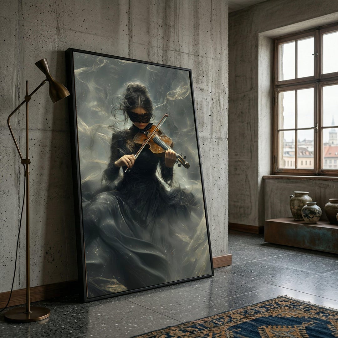Mystic Violinist Black Dress, Ethereal Musician Canvas, Dark