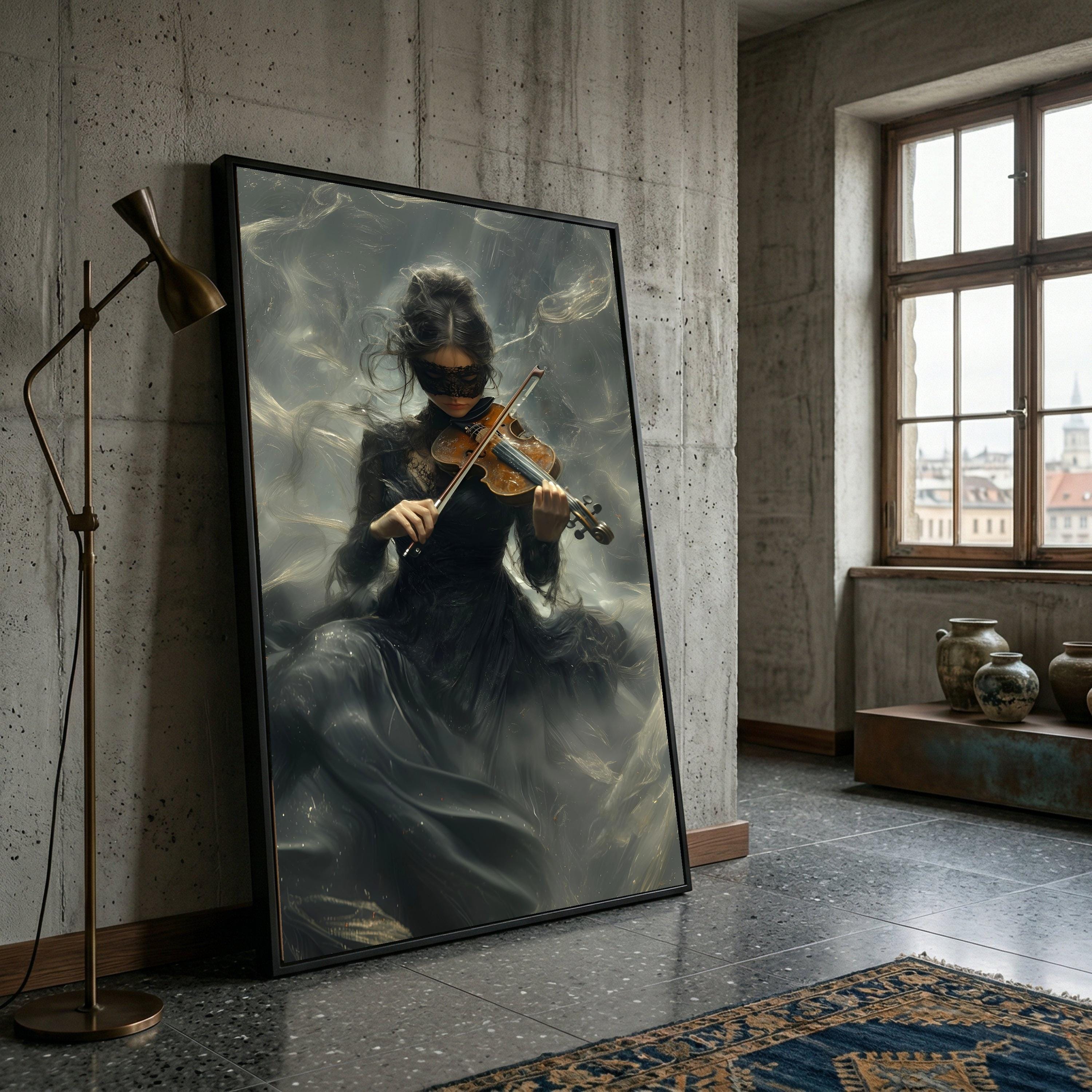 Mystic Violinist Black Dress, Ethereal Musician Canvas, Dark
