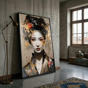 May include: A framed portrait of a woman with traditional Japanese makeup and hairstyle. The artwork features a neutral background with gold and red accents. The woman is wearing a kimono with gold and black details.