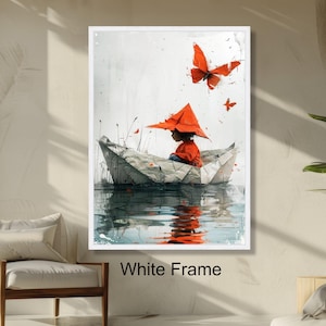 Arte de parede com chapéu de origami laranja e barco de papel infantil, design de borboleta flutuante, cena de água reflexiva, decoração de casa dos sonhos