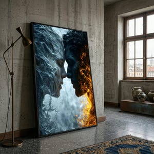 Può includere: Un'opera d'arte da parete rettangolare incorniciata che raffigura due volti di profilo l'uno di fronte all'altro. Il volto sinistro è composto da acqua blu vorticosa, mentre quello destro è formato da vivaci fiamme arancioni e gialle.