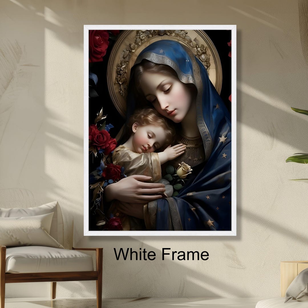 Virgin Mary and Child Wall Art, Sacred Mother and Baby Jesus Painting ...