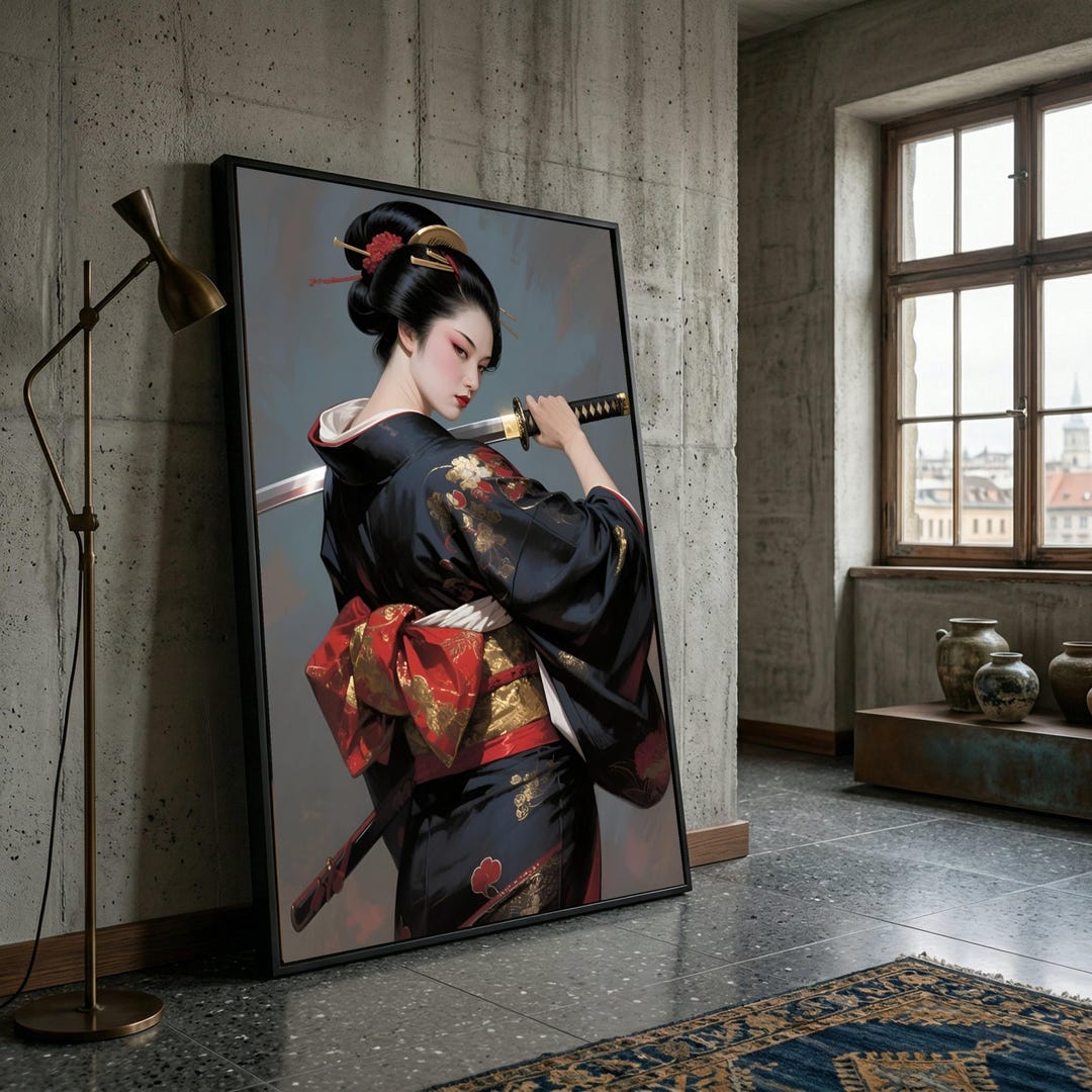 Elegant Geisha With Katana Sword, Japanese Kimono Canvas, Samurai Woman ...
