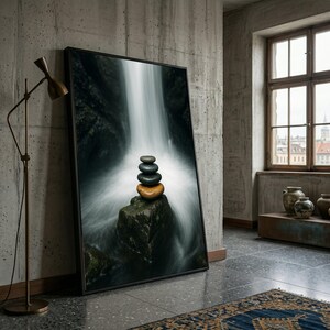 Op de afbeelding: Een ingelijste print met een waterval en opgestapelde stenen. Het kunstwerk wordt gepresenteerd in een kamer met een betonnen muur, een raam en een vloerkleed. De waterval is wazig, wat beweging suggereert. Minimalistische, moderne sfeer.