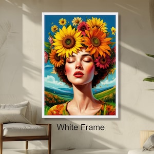 Lebendige Blumenkrone Frau Porträt Bunte Sonnenblumen Wandkunst, Natur und Schönheit Künstlerische Wohnkultur, fertig zum Aufhängen