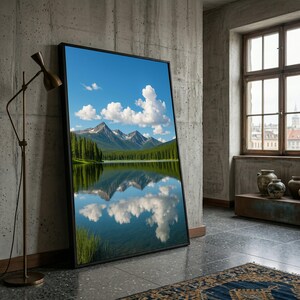 Mountain Lake Reflection Canvas, Scenic Landscape Wall Art, Forest and Cloud View, Large Nature Canvas, Tranquil Outdoor Wall Décor