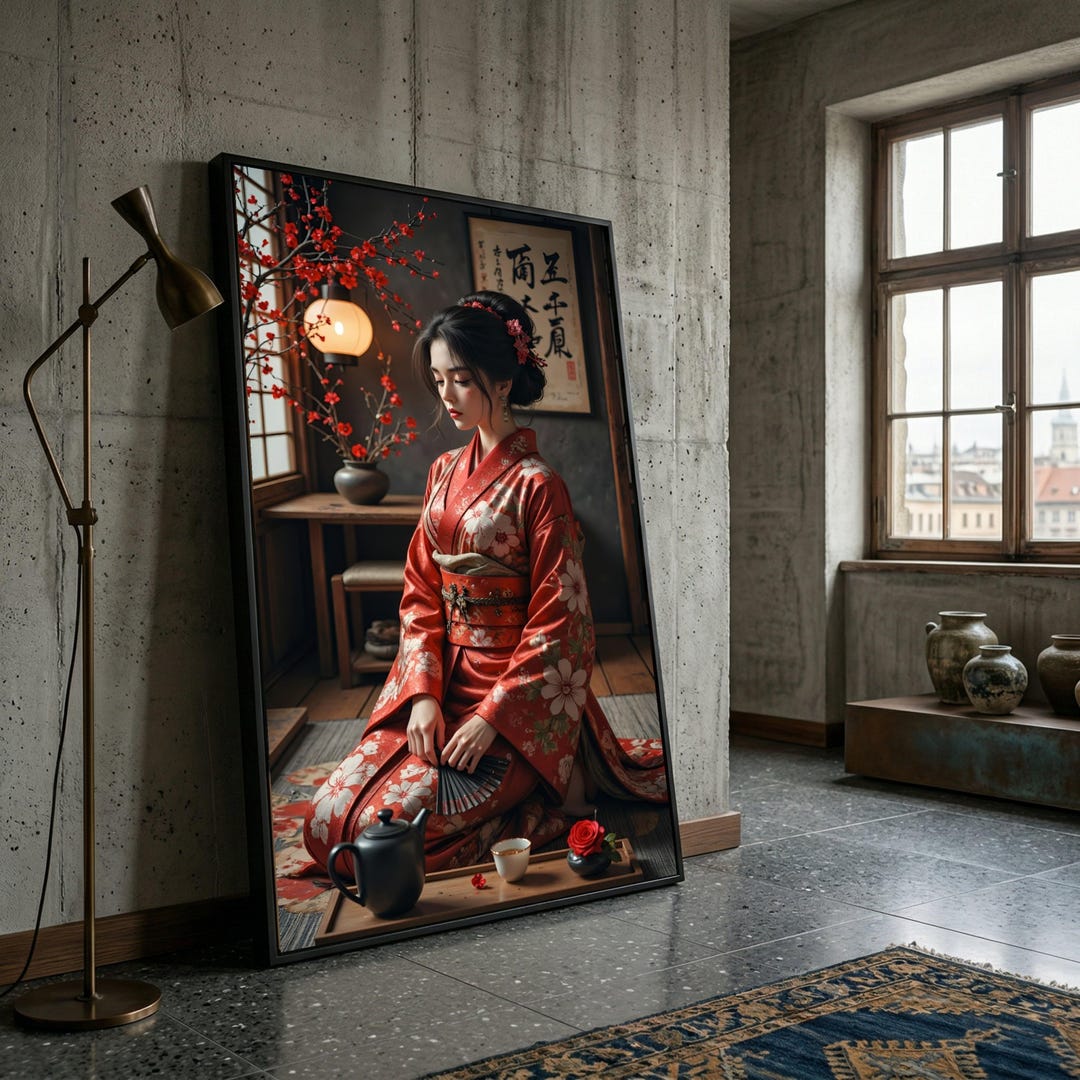Elegant Geisha Red Kimono Canvas, Japanese Traditional Woman Art ...