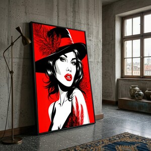 Elegant Woman Portrait Canvas, Red Feather Hat Art, Glamorous Face Print, Modern Fashion Wall Decor, Bold Color Canvas