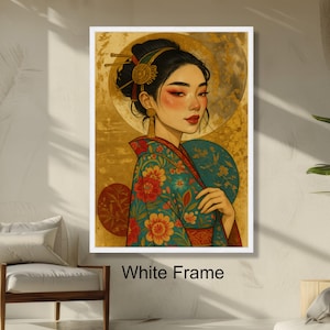 Elegant Geisha Portrait Floral Kimono Wall Art, Asian Woman Painting, Traditional Japanese Style, Vintage Home Decor