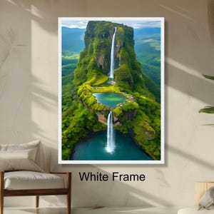 Majestic Triple Waterfall Wall Art, Lush Green Mountain Landscape, Nature Scenery Serene Waterfall Decoration, Home Wall Art