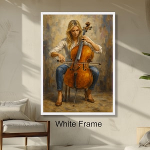 Young Woman Playing Cello Classical Music Wall Art, Instrument Portrait Elegant Home Decoration, Musician Painting Print