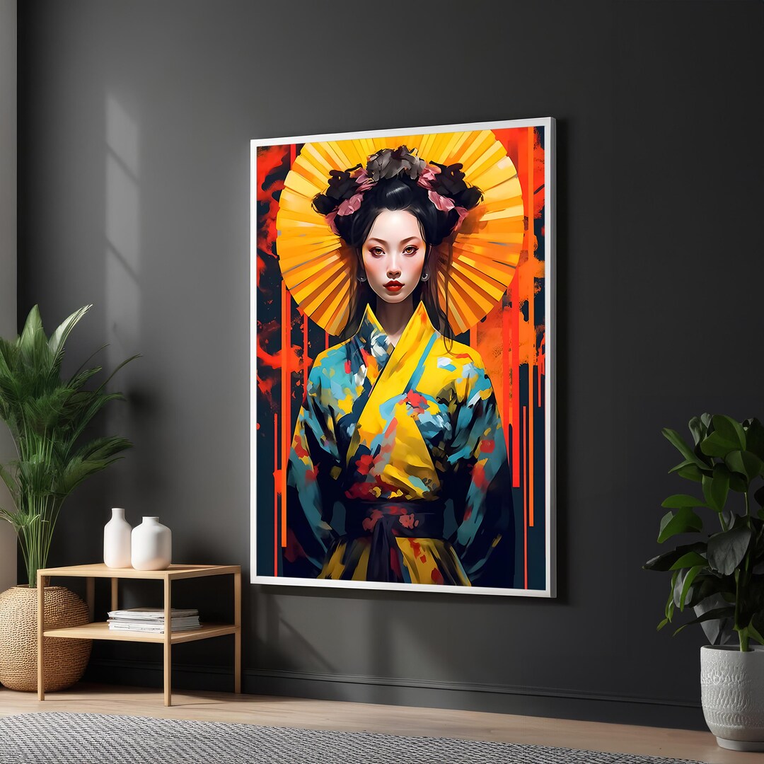 Elegant Japanese Woman Painting With Umbrella in Kimono Canvas Print ...