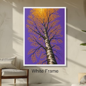 Autumn Birch Tree Wall Art, Golden Leaves on Purple Background, Nature Tree Painting, Vertical Tree Art, Seasonal Home Decor