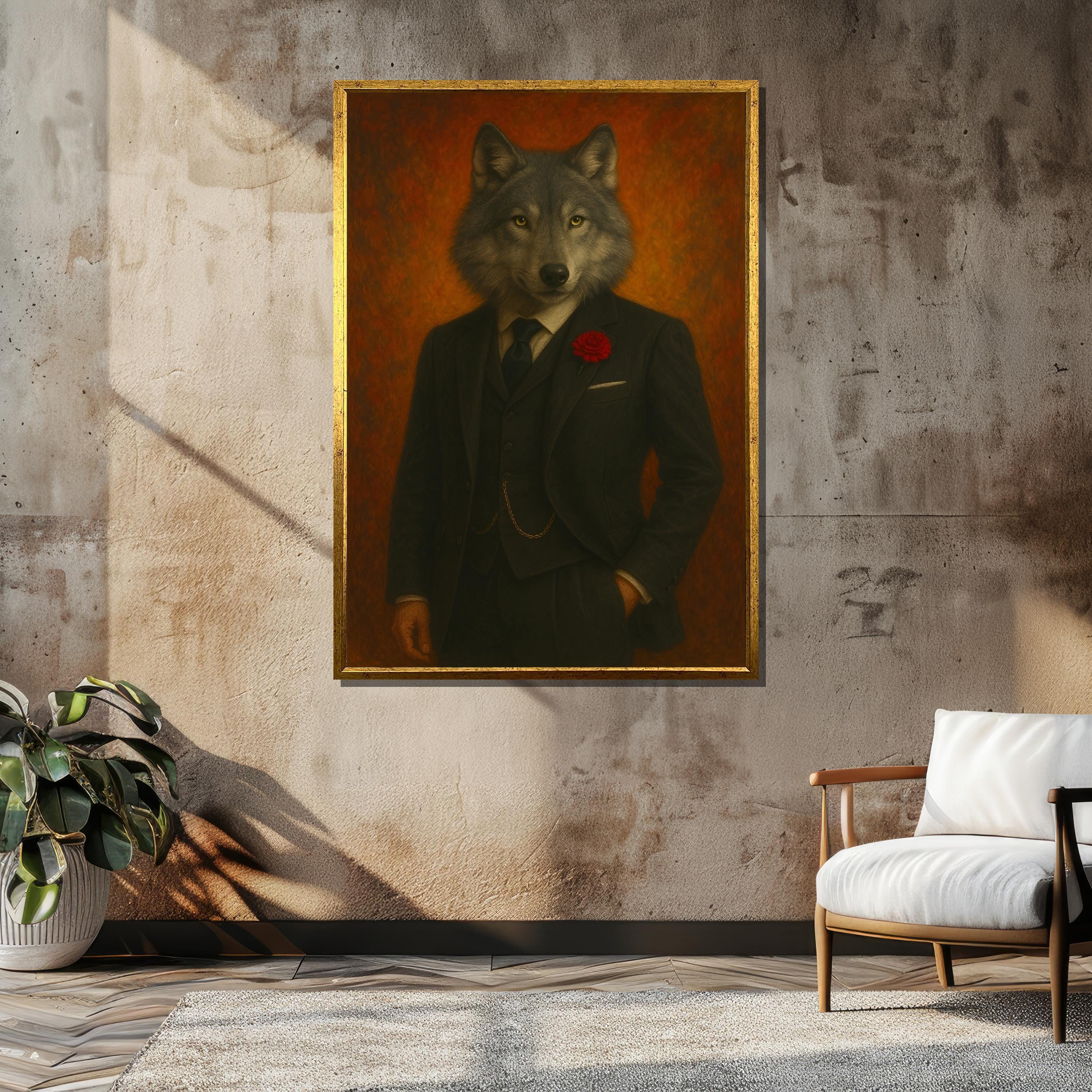 Wolf in Black Suit with Red Rose Framed or Unframed Canvas Art Print for Office Wall Decor