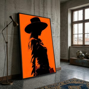 Bold Silhouette of Woman Wide Brim Hat Canvas, Dramatic Orange Background Wall Art, Modern Home Decoration, Stylish Figure Canvas
