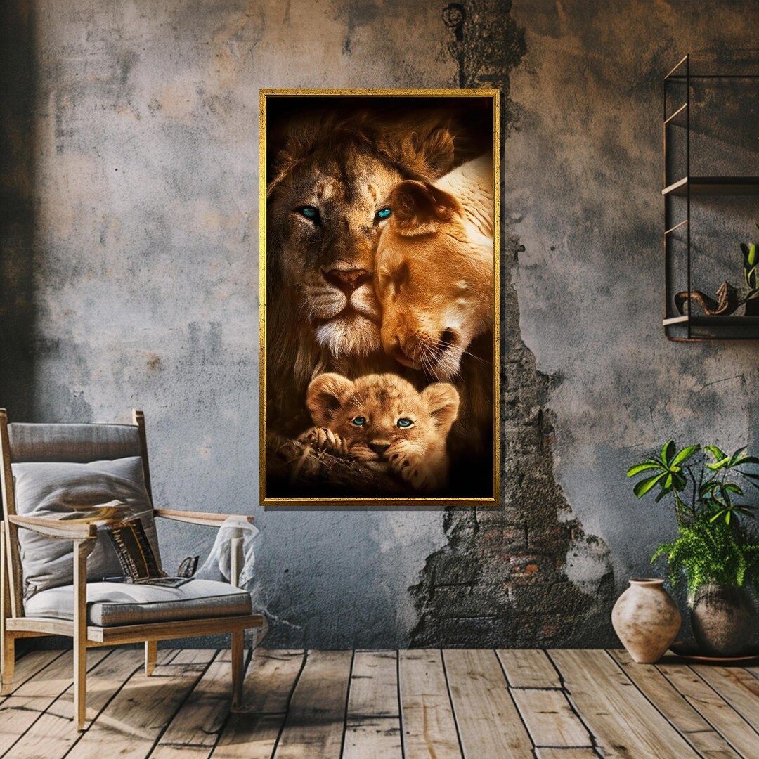 Lion Family Canvas Art - Heartwarming Lion, Lioness, and Cub Portrait ...