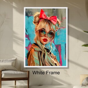 Modern Urban Portrait Blonde Girl with Red Bow, Sunglasses Wall Art, Contemporary Fashion Illustration, Vibrant Colorful