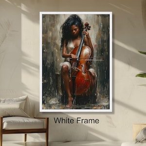 Elegant Woman Playing Cello, Musician Portrait Artistic Wall Art, Classical Instrument Painting, Home Decor Ready to Hang Art