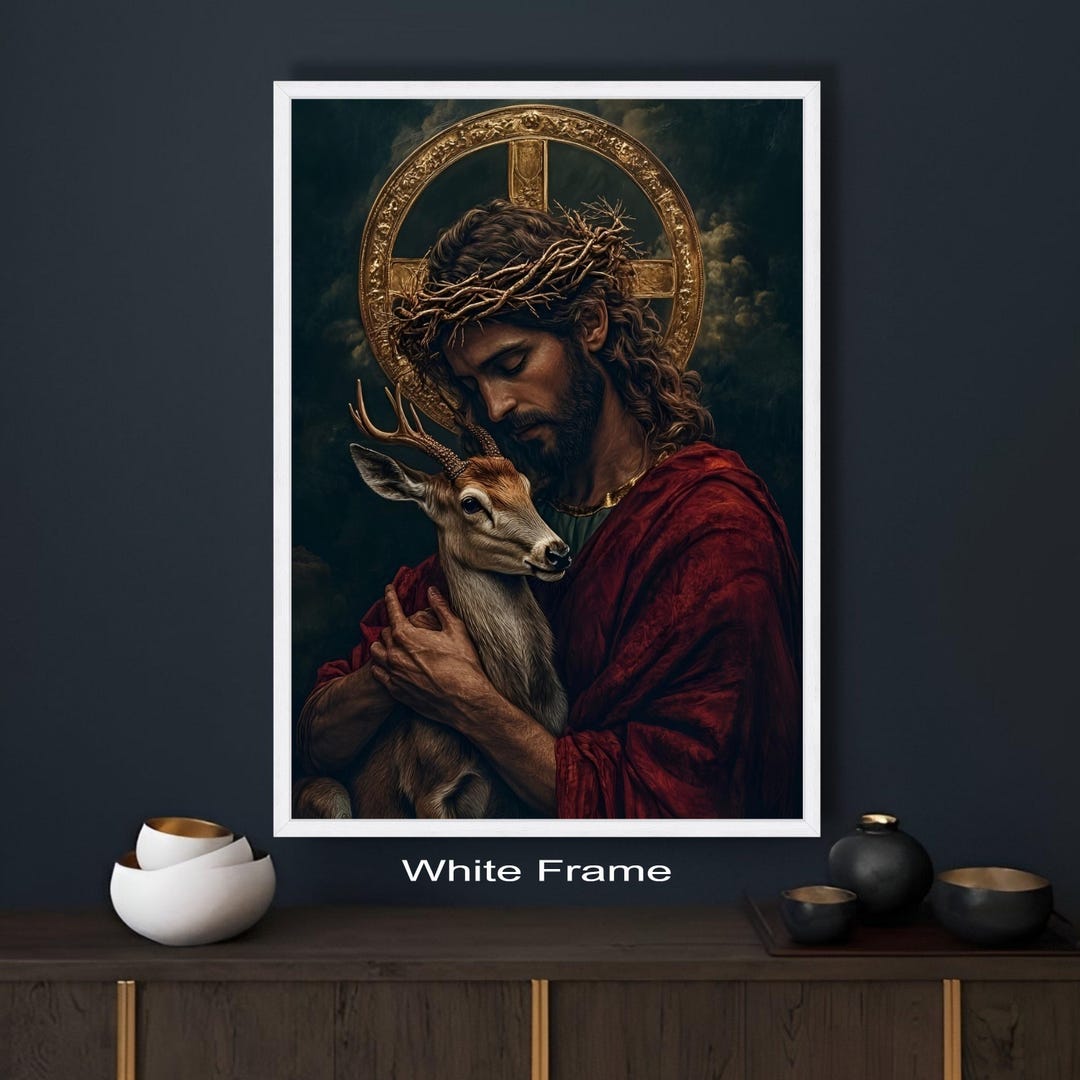 Jesus Christ Embracing Deer Canvas, Christian Wall Art, Religious ...