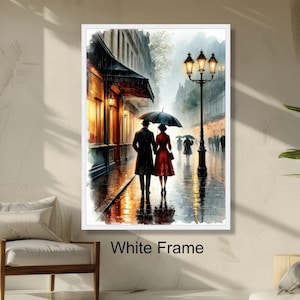 Romantic Rainy Evening, Vintage Couple Under Umbrella City Street Scene Wall Art, Moody Urban Landscape Ready to Hang Home Decor