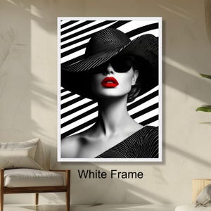 Elegant Woman in Black Hat Red Lips Portrait Wall Art, Modern Fashion Black and White Stripes Art, Chic Home Decoration