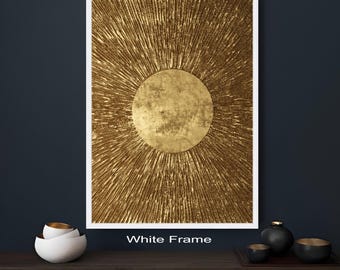 Golden Sunburst Art, Metallic Abstract Sun, Radiant Gold Wall Art