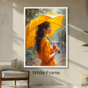 Elegant Woman with Yellow Umbrella Modern Portrait Wall Art, Vibrant Rainy Day Painting, Home Decor, Ready to Hang