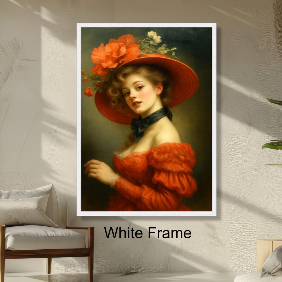 Elegant Victorian Lady Portrait Red Floral Hat Painting, Vintage ...