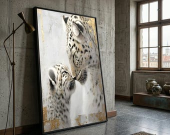 Snow Leopard Mother and Cub Canvas, Animal Family Wall Art, Large Wildlife Canvas, Nature Animal Portrait, Home Decor Canvas Painting