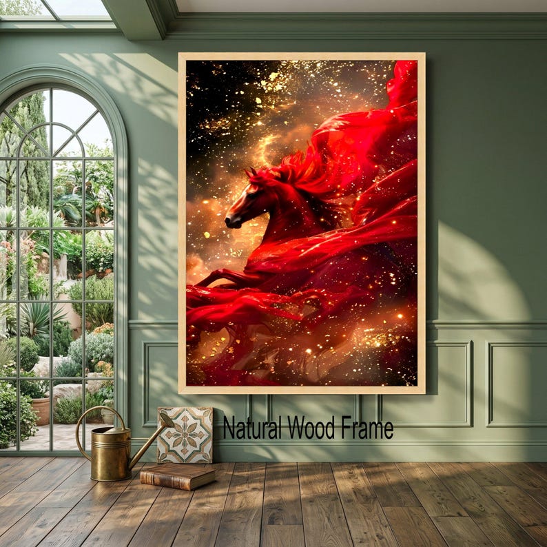 Majestic Red Horse Canvas Wall Art, Dynamic Horse Silhouette, Fiery Red Flowing Fabric, Gold Sparkle Abstract Canvas, Large Statement image 6
