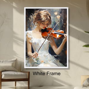 Elegant Woman Playing Violin Art, Romantic Music Portrait, Classical Instrument Painting, Home Decorative Wall Art, Soft Light Artwork