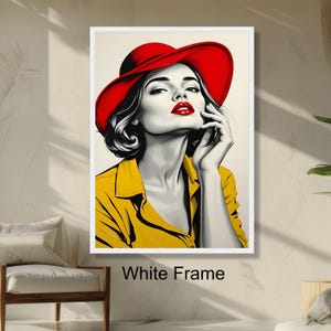 Retrato de mujer elegante con sombrero rojo y labios, arte mural con camisa amarilla, ilustración de moda moderna, decoración glamurosa para el hogar.