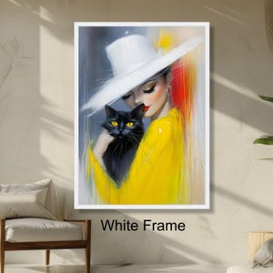 Retrato de mujer elegante con sombrero blanco y gato negro, arte de pared moderno, decoración elegante para el hogar, ilustración de moda amarilla, listo para colgar.