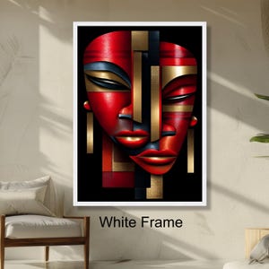 Modern Abstract Faces Red Gold Wall Art, Geometric Portrait Contemporary Home Decoration, Stylish Print