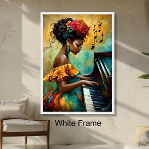 Elegant Woman Playing Piano Colorful Floral Headpiece Art, Musical Theme Wall Decor, Vibrant Portrait Ready to Hang Home Decoration