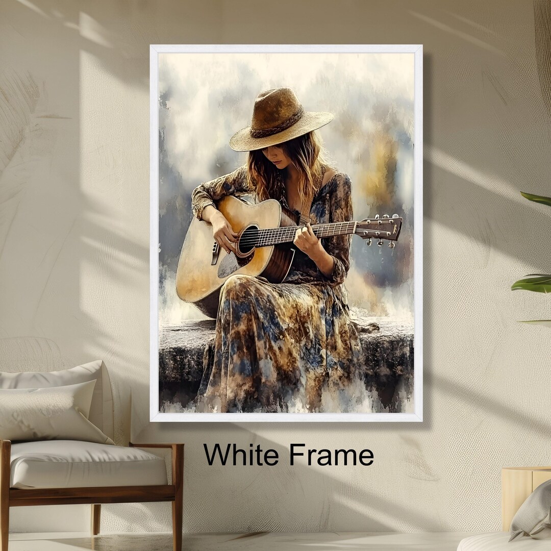 Rustic Woman Playing Acoustic Guitar Boho Style Wall Art, Music ...