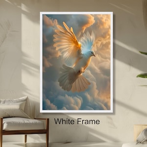 Majestic White Dove Spiritual Bird Wall Art, Soft Cloudscape Background, Peace and Freedom Decor, Nature Painting