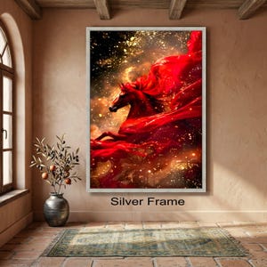 Majestic Red Horse Canvas Wall Art, Dynamic Horse Silhouette, Fiery Red Flowing Fabric, Gold Sparkle Abstract Canvas, Large Statement image 5