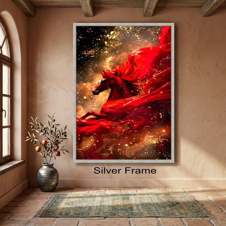 Majestic Red Horse Canvas Wall Art, Dynamic Horse Silhouette, Fiery Red Flowing Fabric, Gold Sparkle Abstract Canvas, Large Statement image 5