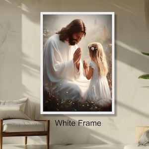 Jesus Praying with Child Inspirational Religious Wall Art, Spiritual Faith Decoration, Christian Home Divine Blessings Artwork
