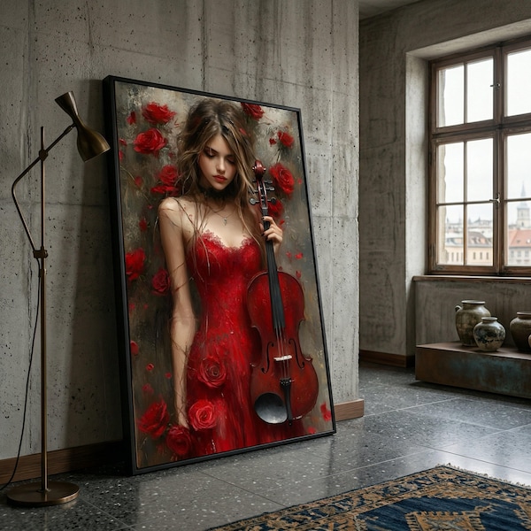 Elegant Woman with Violin Canvas Wall Art, Romantic Red Dress Painting, Floral Rose Background, Large Music Canvas, Home Decor Artwork