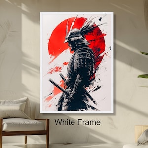 Samurai Warrior Wall Art, Japanese Armor Painting, Red Sun Background, Oriental Samurai Decor, Asian Warrior Ready to Hang Art