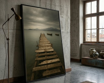 Vintage Wooden Pier Canvas Wall Art, Calm Lake View, Tranquil Water Scene, Rustic Dock Canvas, Large Nature Wall Decoration