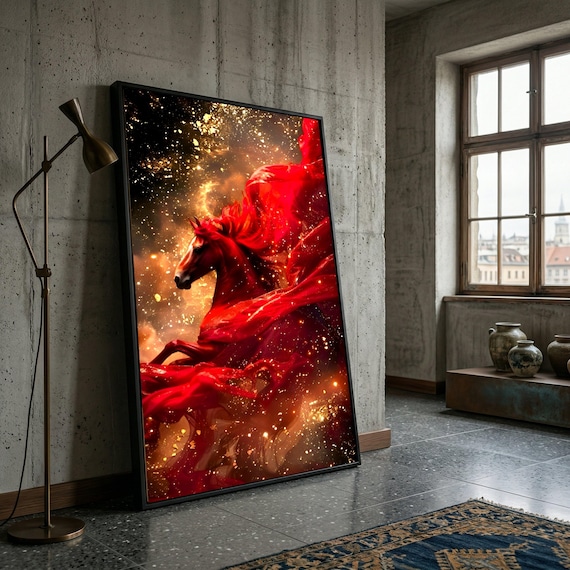 Majestic Red Horse Canvas Wall Art, Dynamic Horse Silhouette, Fiery Red Flowing Fabric, Gold Sparkle Abstract Canvas, Large Statement